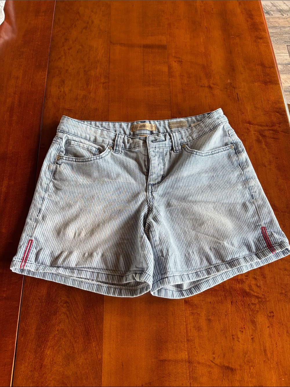 Vintage America Light Blue Pinstripe Denim Shorts with Red Stitch Accents